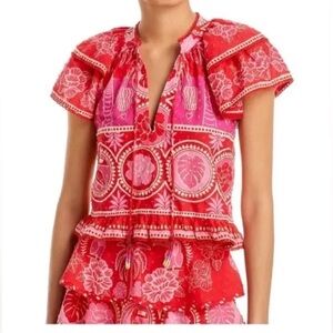 FARM Rio Floral Print Cotton Blouse in Summer Sunrise Size XL